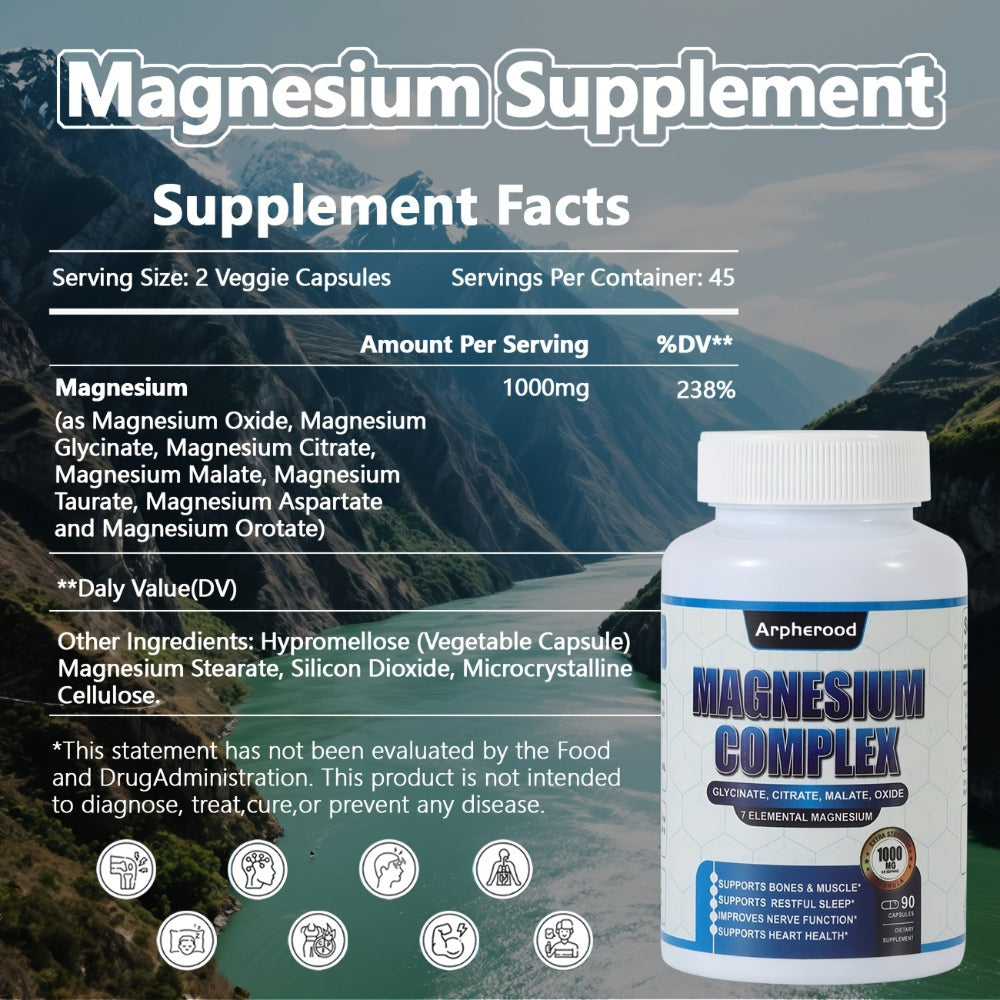 Magnesium Complex Supplement 7-in-1 with Glycinate, Malate, Taurate & More – 1000mg Per Serving for Sleep, Muscle Recovery, Nerve & Energy Support | High-Absorption Multi-Form Formula | 180 Capsules