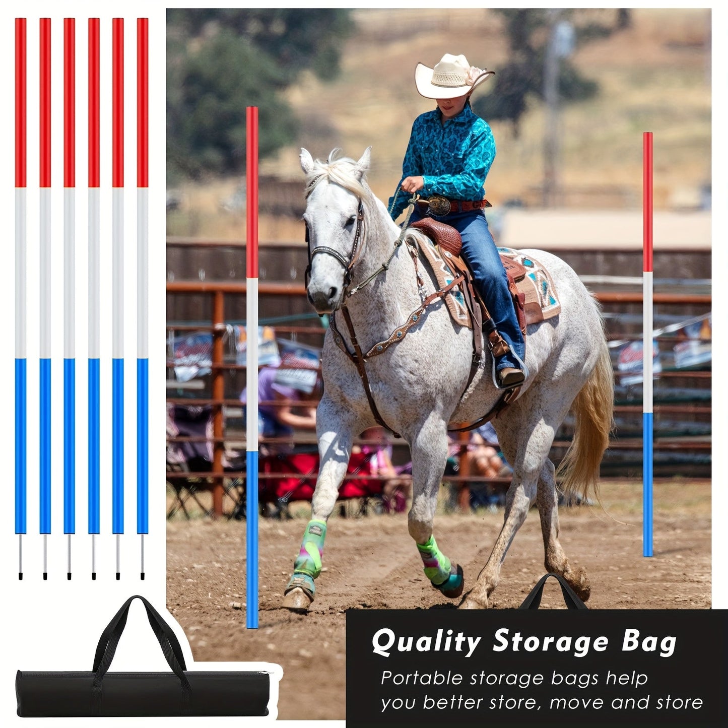 Horse Pole Bending Poles 6pcs 6FT with Carry Bag - Adjustable Equestrian Agility Training Poles for Horses & Dogs, Red White Blue, Barrel Racing & Obstacle Course Training Equipment