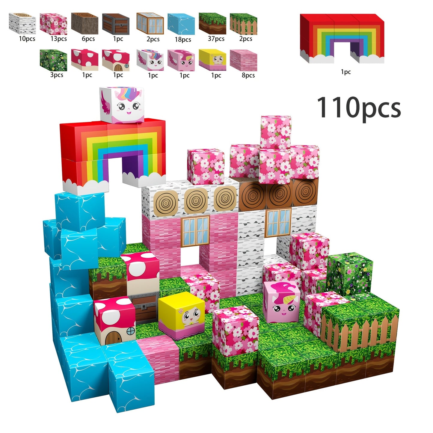 Magnetic Building Blocks Unicorn STEM Toy 48 or 110pcs – Magnetic Tiles for Toddlers Girls Ages 3+, Sensory Learning Toy, Birthday Gift, Multicolor Magnetic Cubes Set