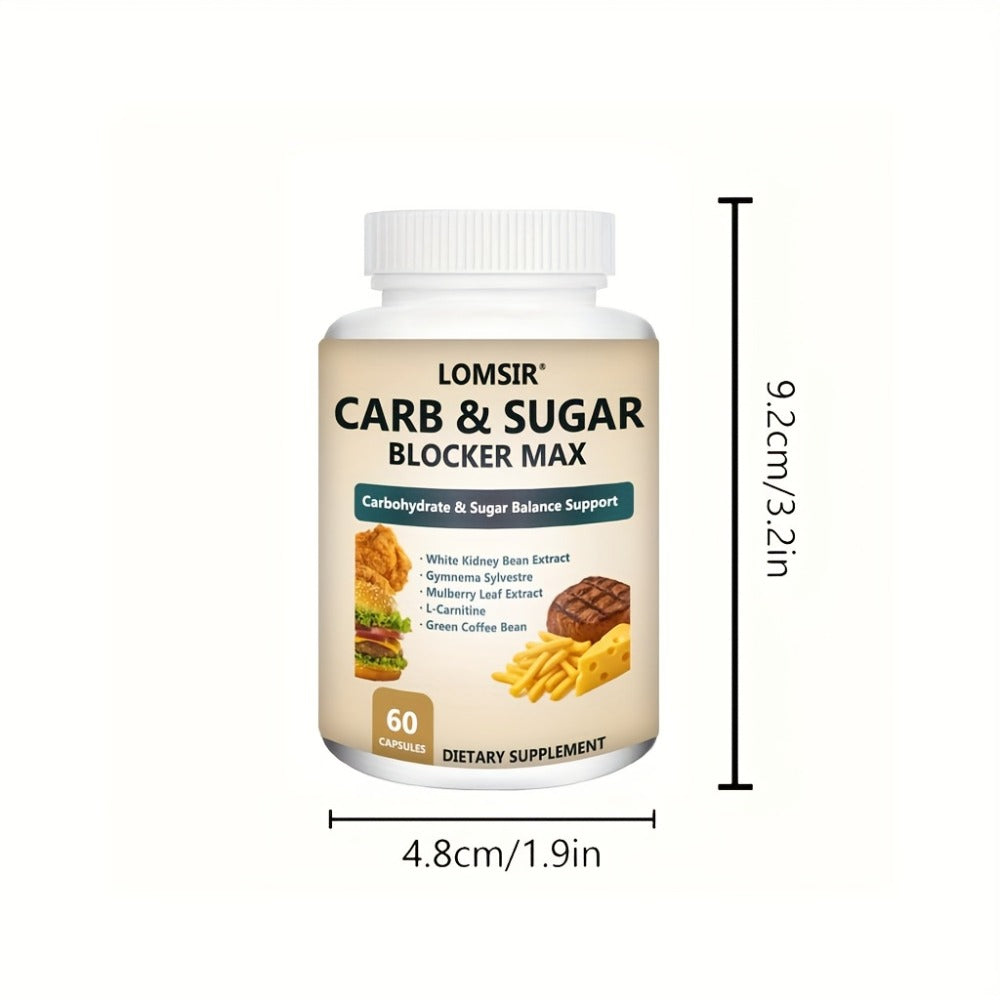 Carb & Sugar Blocker Supplement with White Kidney Bean Extract, Gymnema Sylvestre, Mulberry Leaf & L-Carnitine — Blood Sugar Balance & Weight Management Support, 60 Capsules for Women & Men