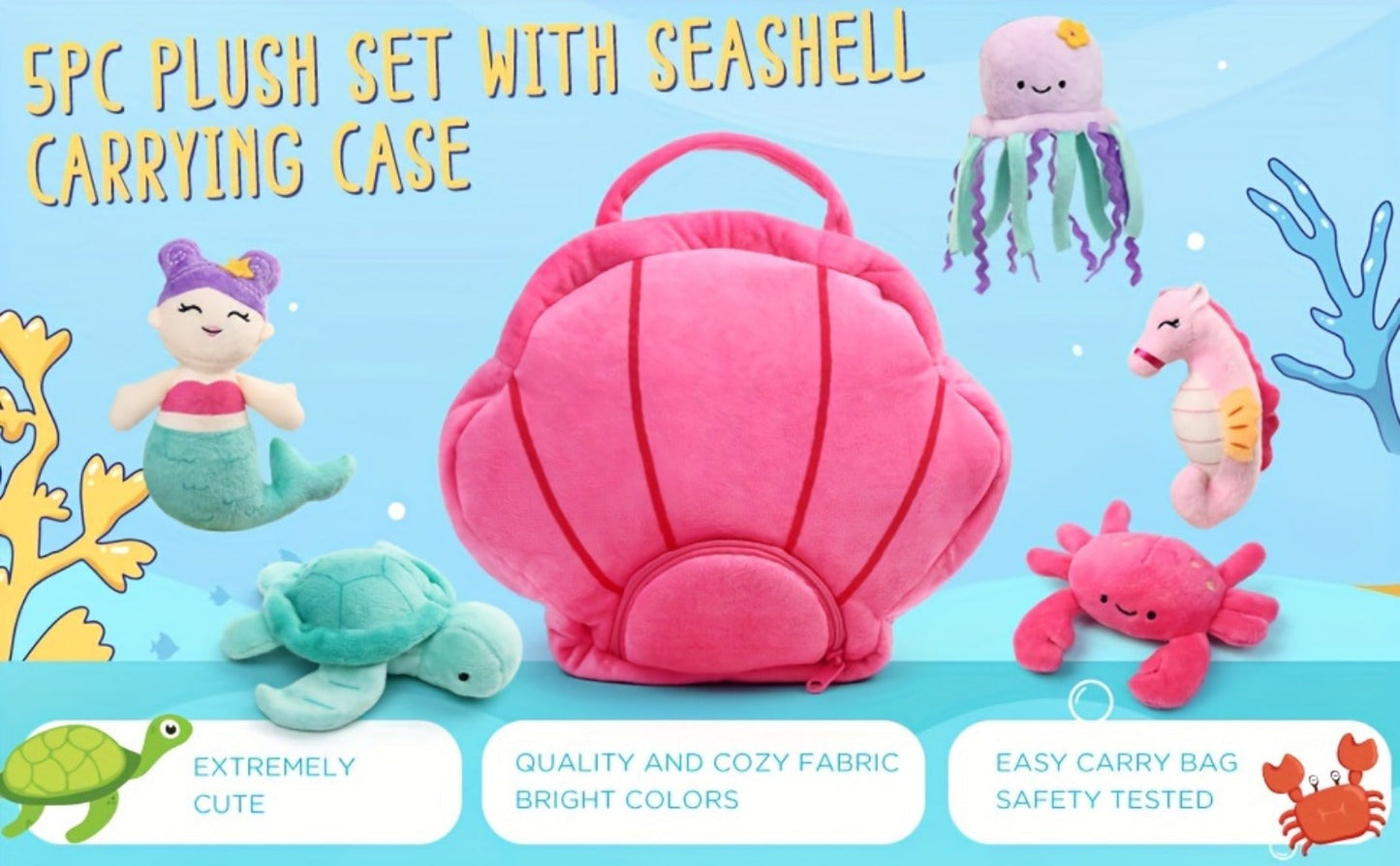 Ocean Stuffed Animal Set 5 Piece — Mermaid Turtle Octopus Seahorse Crab Sea Creature Plush Toys with Pink Shell Carrying Bag for Kids Toddlers Girls Boys | Birthday Christmas Baby Shower Gift