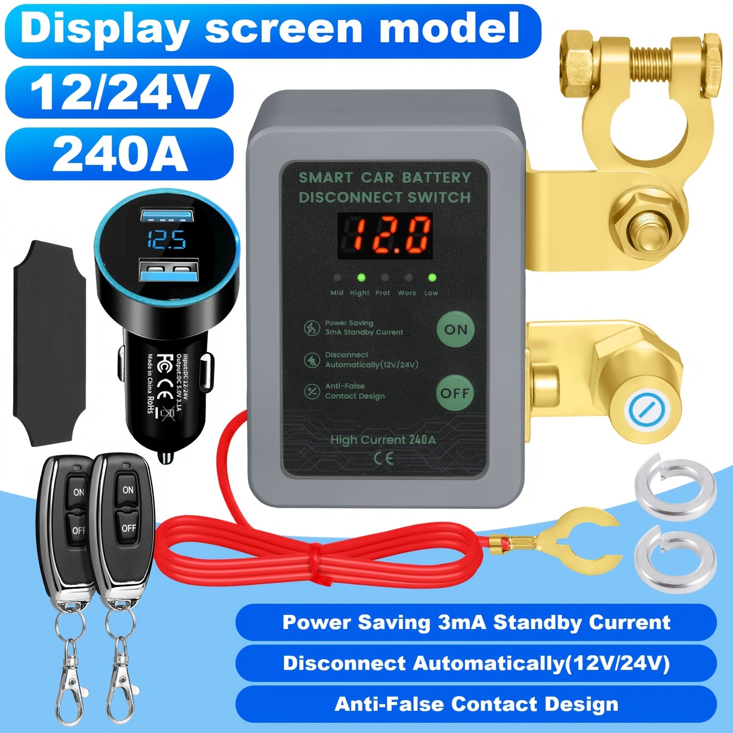 Car Battery Auto Power Off Switch with LED Voltage Display - 12V/24V Anti-Drain Protection, Low Voltage Alarm, 240A Remote Control Battery Disconnect