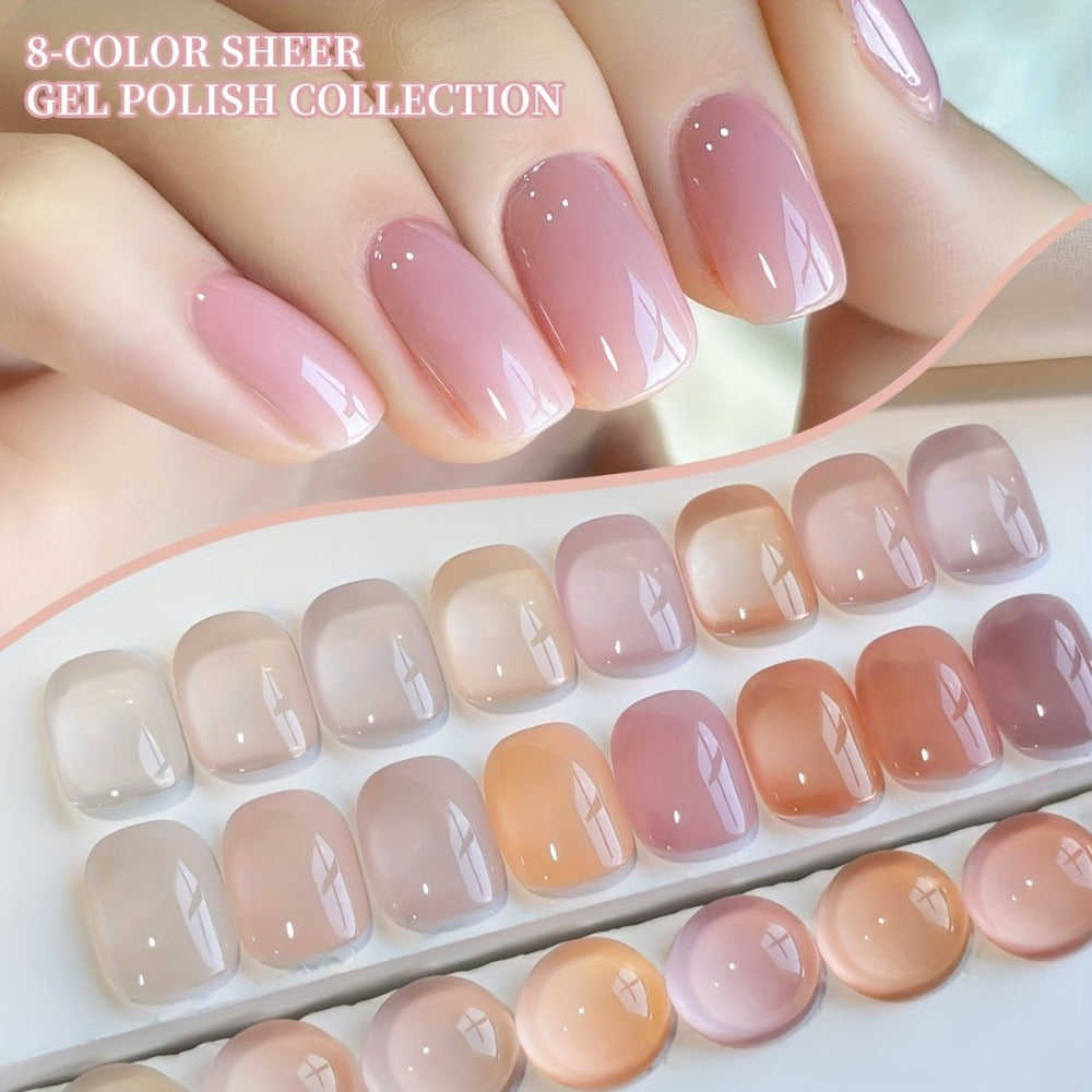 Jelly Gel Nail Polish Set 8 Colors Summer Ice Transparent Sheer Shades — Glossy Hydrating Formula LED Lamp Compatible Nail Art Manicure Kit for Women