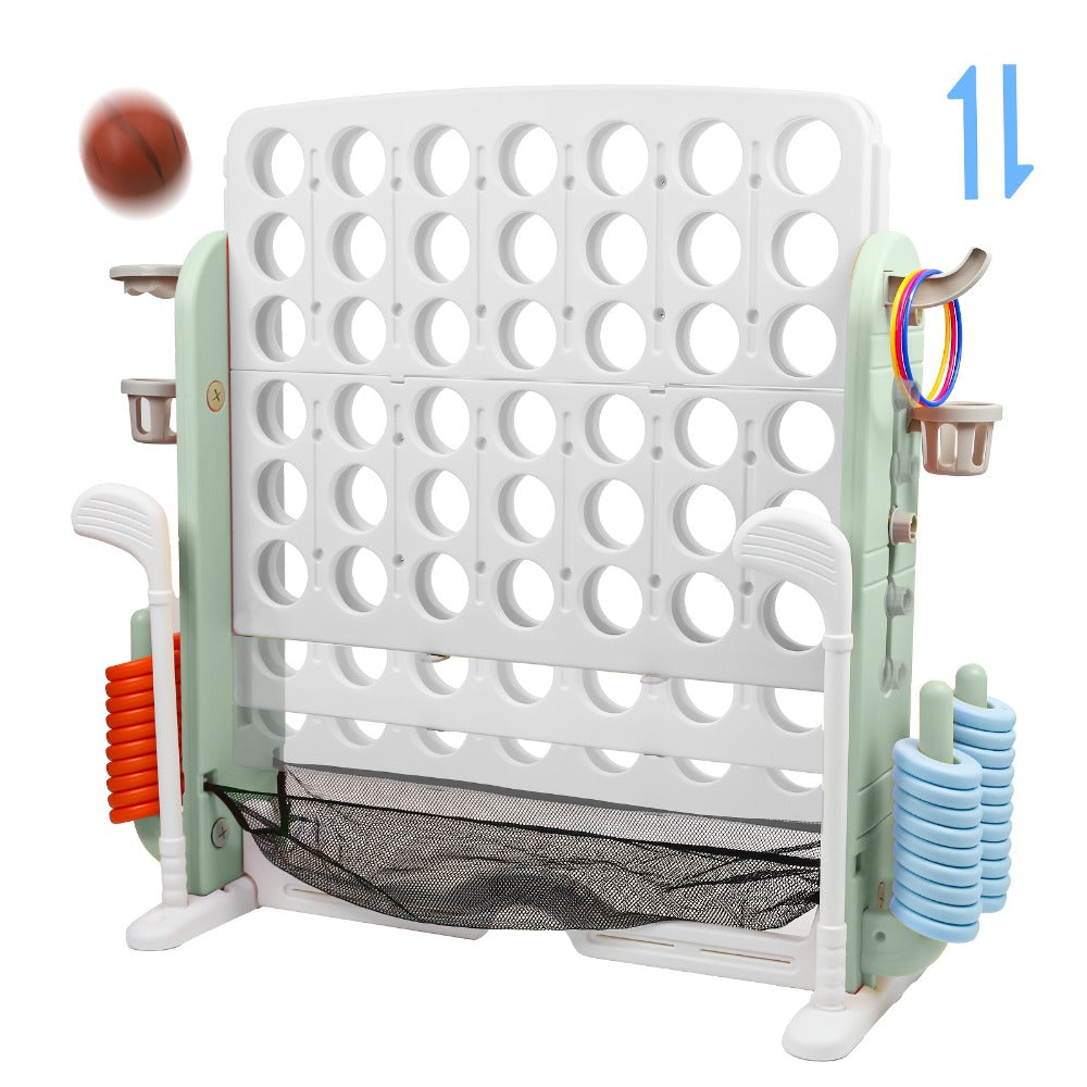 4-in-1 Giant Connect Four Game Set for Kids & Adults – Adjustable Height with Basketball Hoop, Golf Putting, Ring Toss & Jumbo 4-to-Score, Indoor Outdoor Family Party Game