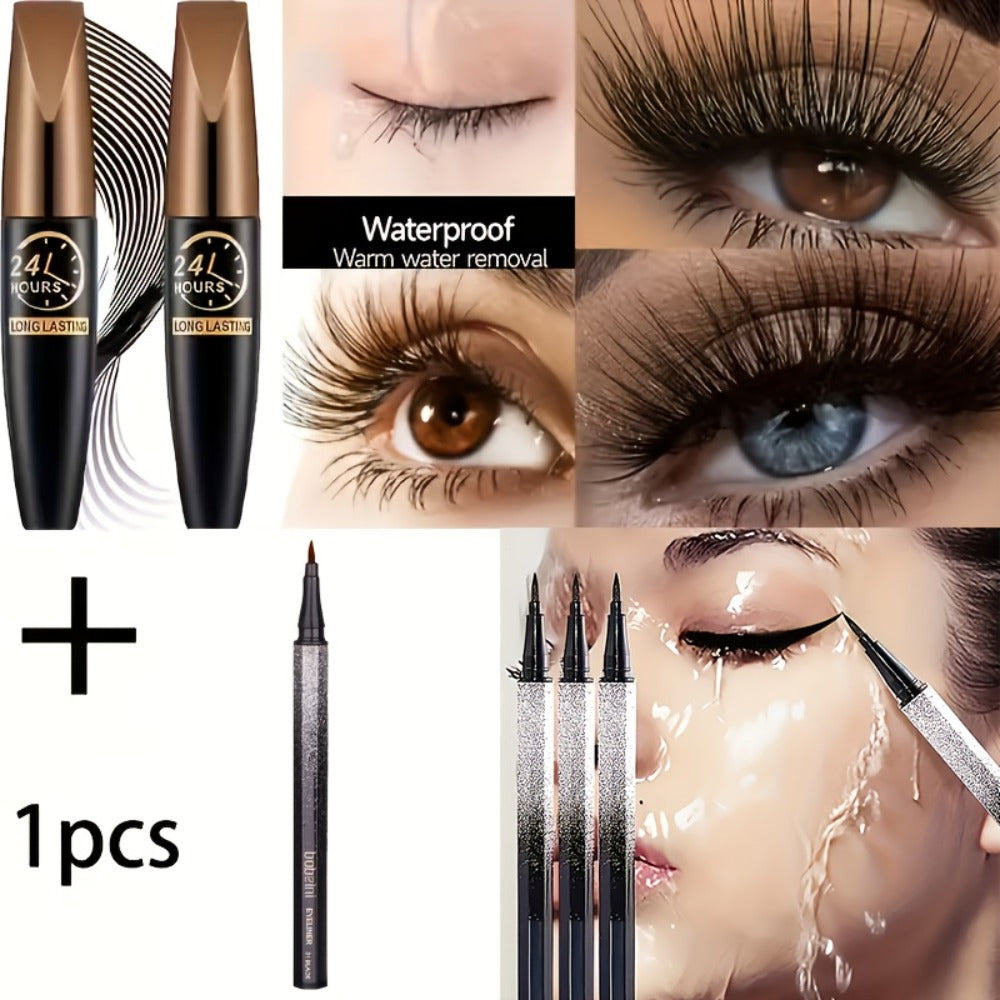 8D Fiber Mascara Set 2 Pcs Volumizing Lengthening Smudge-Proof Waterproof Long-Lasting Lash Extension Enhancer with Eyeliner Pencil Bold Black Eye Makeup Gift for Her