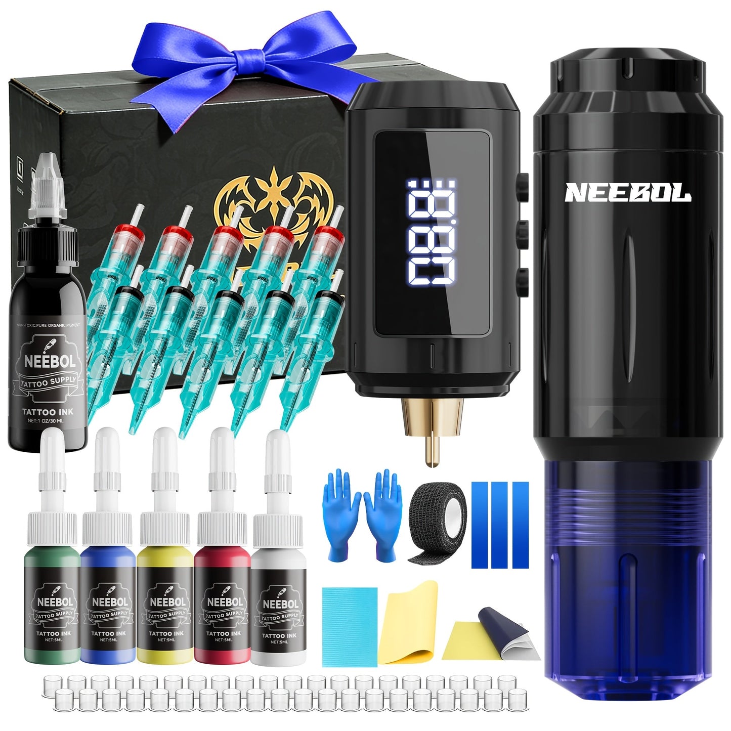 Tattoo Gun Kit Neebol Cordless Wireless 1600mAh Battery 20 Cartridge Needles 8 Inks White Soap Complete Tattoo Machine Set for Beginners & Artists Body Art Gift