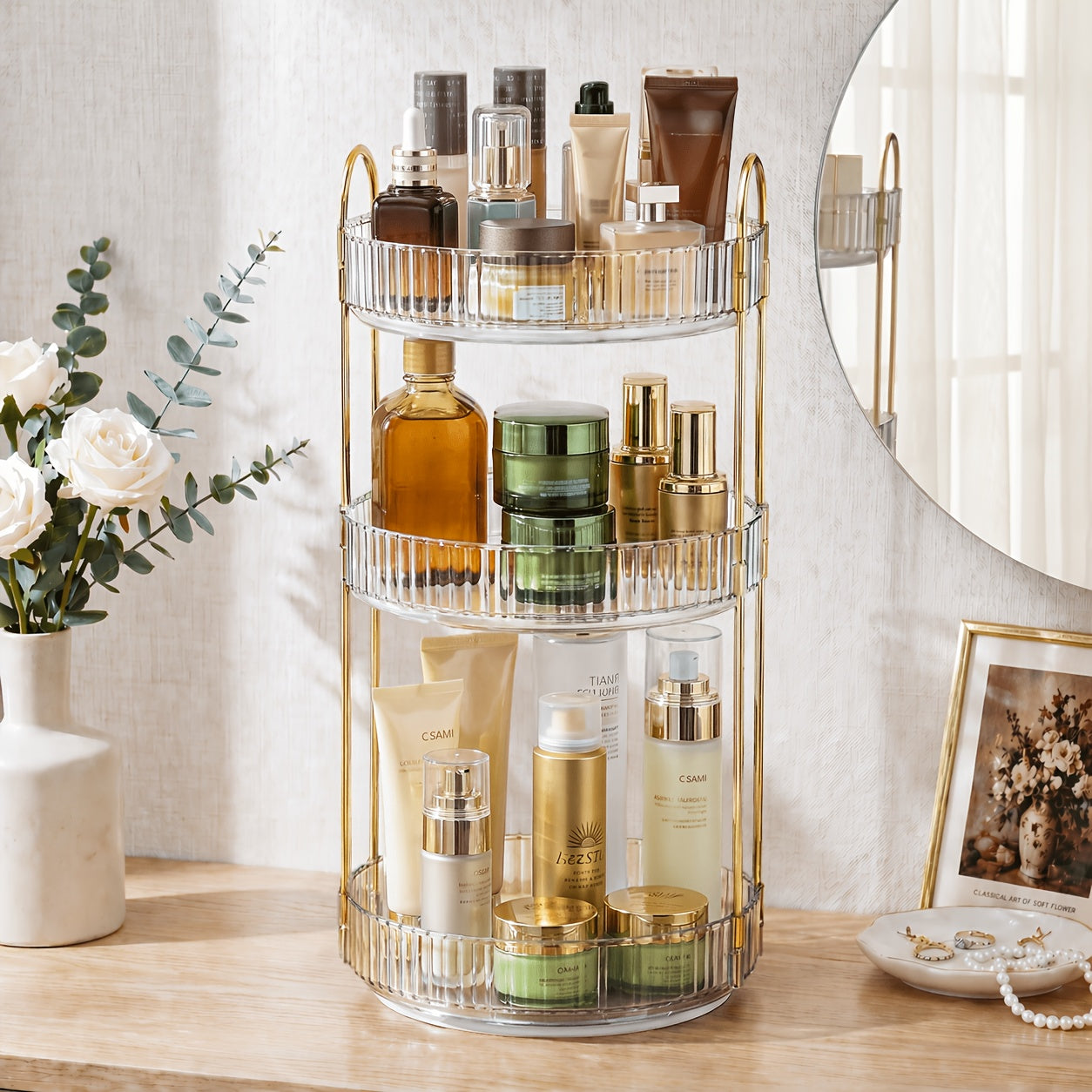 360° Swivel Makeup Organizer 3-Tier Rotating Countertop Storage Rack – Large Capacity Bathroom Dresser Vanity Organizer for Perfume, Skincare & Cosmetics, Green Amber Clear