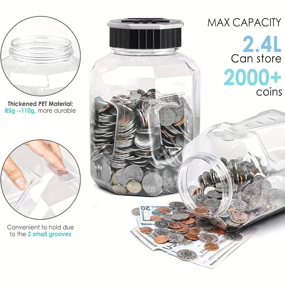 Digital Coin Counting Piggy Bank for Adults – Extra Large 2.4L LCD Counter Jar, Transparent Acrylic Money Saving Bank with Display, Silvery | Toy Play Nest