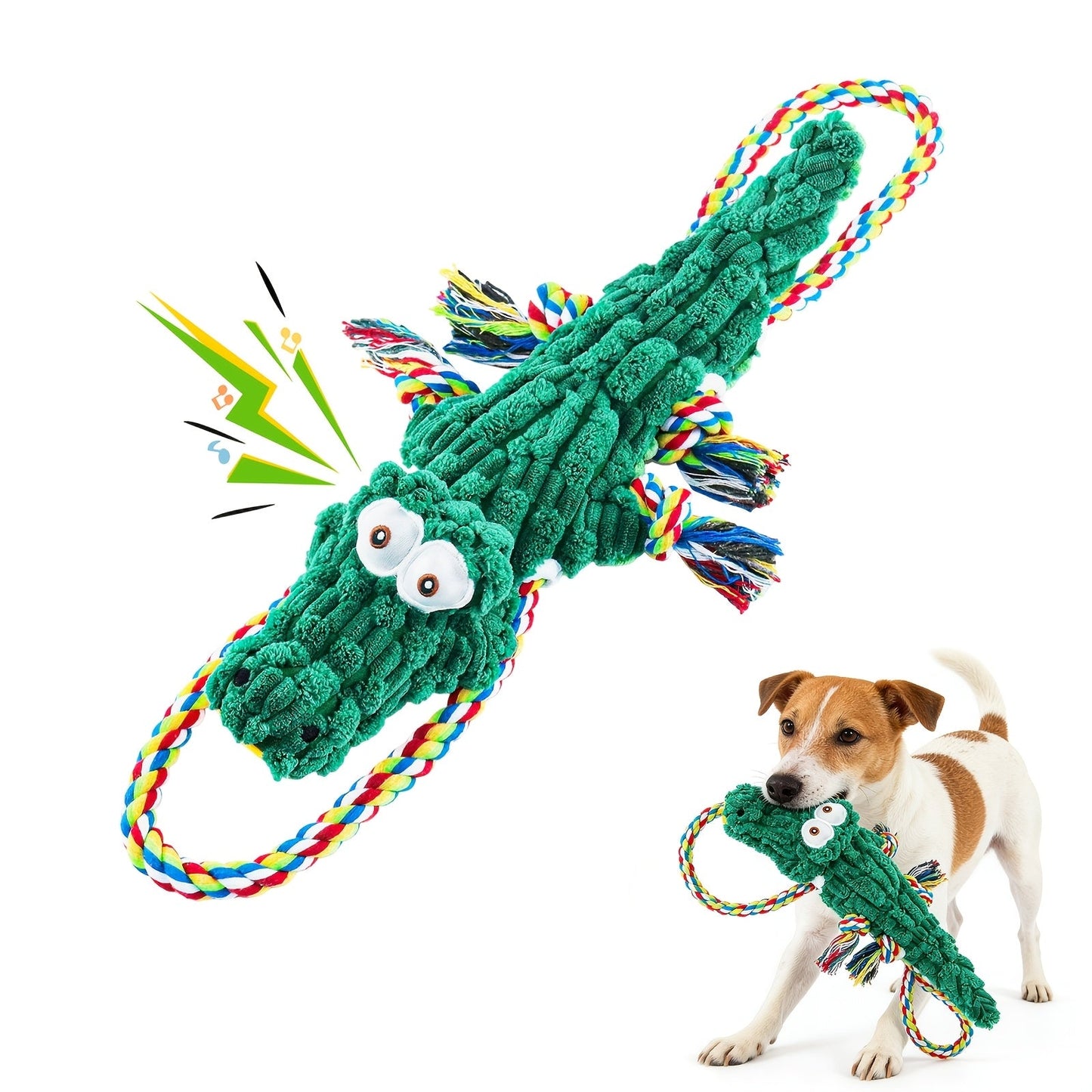 Squeaky Rope Dog Toy Crocodile Shape – Durable Cotton Rope Chew & Tug Toy with Built-In Squeaker, Teeth Cleaning, for Small Medium Large Dogs & Aggressive Chewers