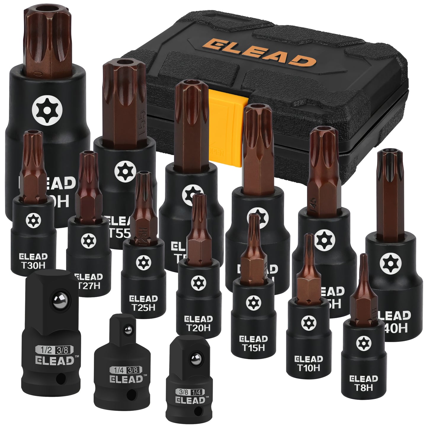 16pcs Torx Bit Socket Set - L European Style T8-T60 With Socket Adapters, Star Bit Socket Set 1/4", 3/8" And 1/2" Drive | Professional Mechanic Garage Tools