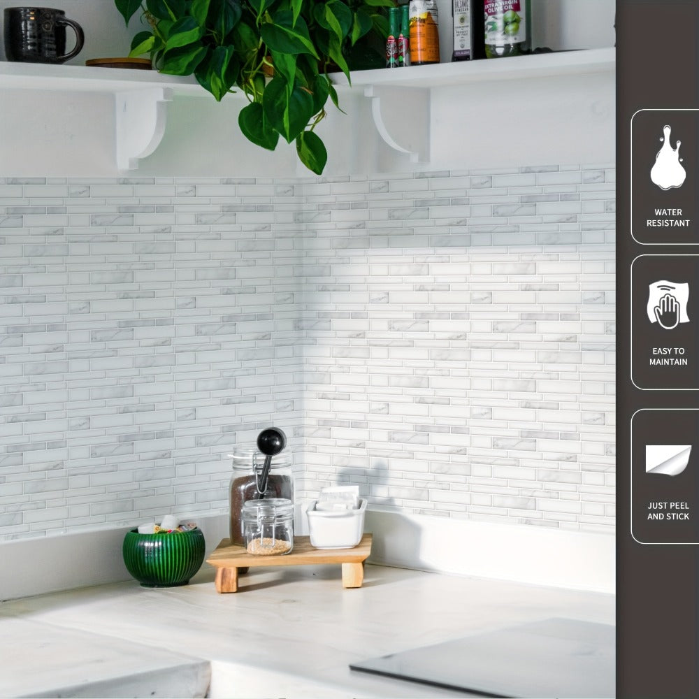 Peel and Stick Backsplash Tile Stickers 10-Sheet - White Marble Self Adhesive Wall Tiles for Kitchen & Bathroom, No Grout DIY Stick On Tiles | Heat & Moisture Resistant, Easy Install Backsplash