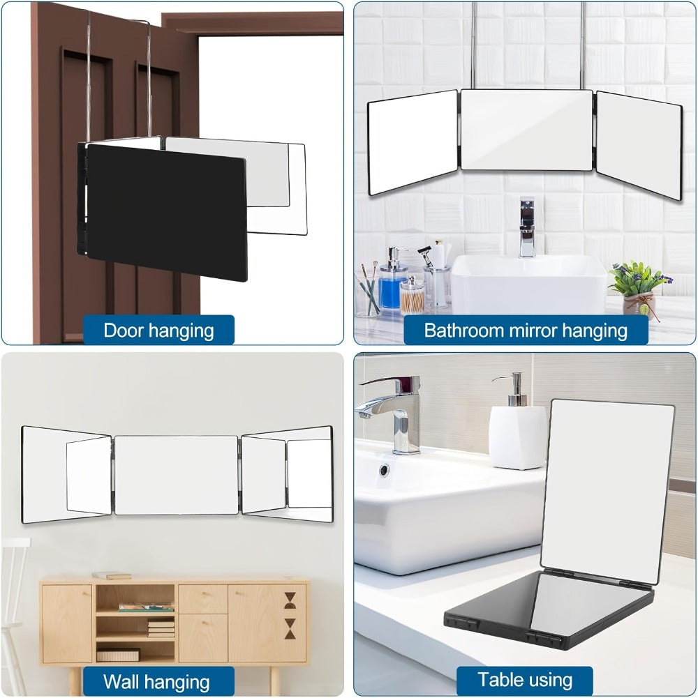 Three-Way Folding Mirror for Haircutting 360° View Anti-Fog HD Glass Height-Adjustable Telescopic Hook - Foldable Three-Sided Mirror for Self Hair Cutting Shaving Makeup Hairstyling at Home