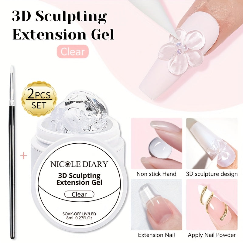 3D Sculpting Builder Gel Kit with Carving Pen — Clear & White Nail Extension Gel for Floral Nail Art, Acrylic Extensions & DIY Salon Manicure, Professional Nail Modeling Gel Set 2pcs or 3pcs for Women