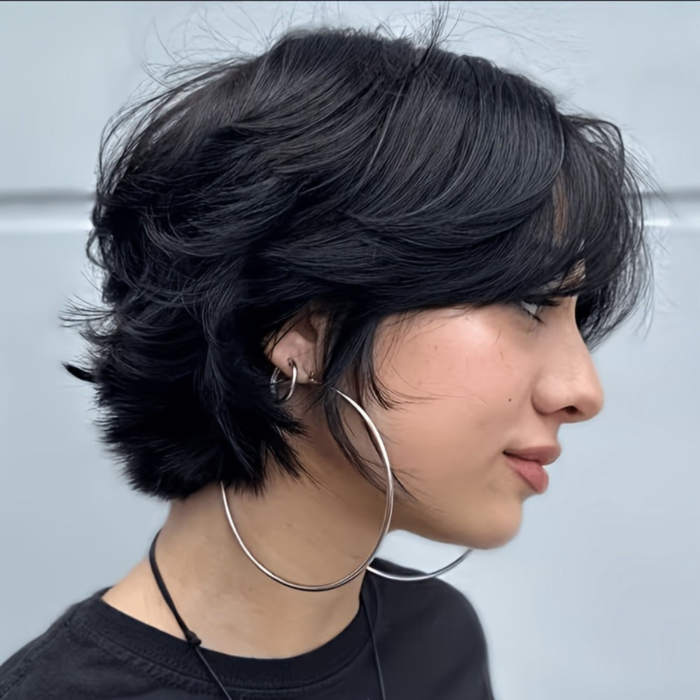 Curly Wavy Bob Wig Human Hair with Bangs – Short Pixie Cut None Lace Front Rose Net Cap, Natural Black 1B, Lightweight Versatile Daily Wear & Cosplay Wig for Women, 6 Inch