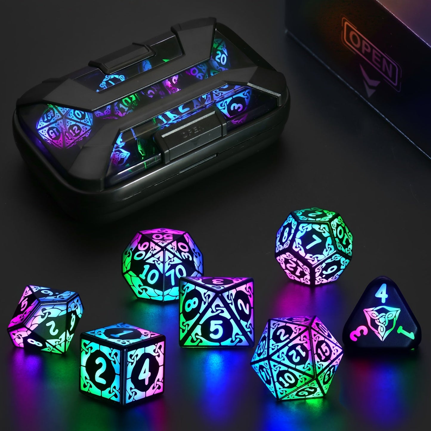 LED Dice Set 7pcs Wireless Rechargeable Light Up – Colorful Glowing Polyhedral Dice with Charging Box, D4 D6 D8 D10 D12 D20 for DnD RPG Tabletop Games, Gamer Gift Halloween Christmas Birthday