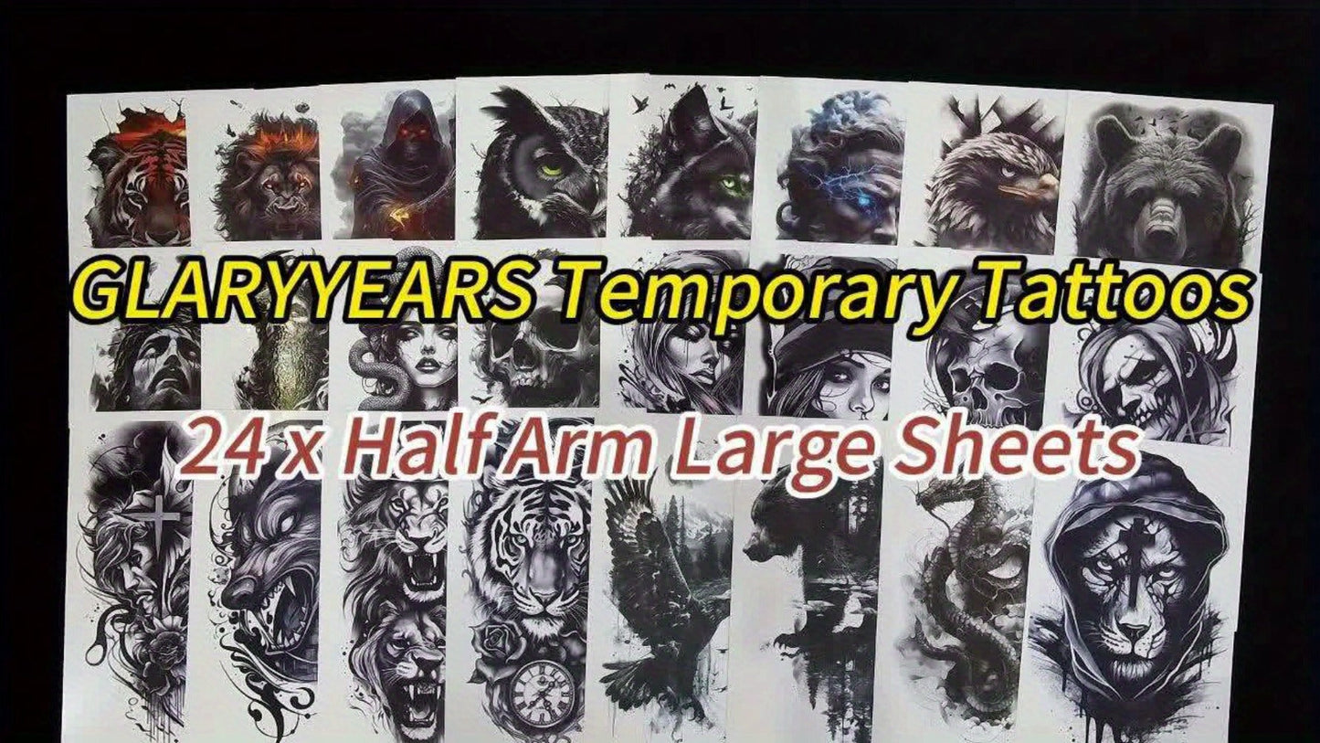 Half Sleeve Temporary Tattoos 24 Pack Realistic 3D Waterproof Lion Eagle Skull Greek God Gothic Forearm Body Stickers Long Lasting for Men Women Adults Halloween Festival