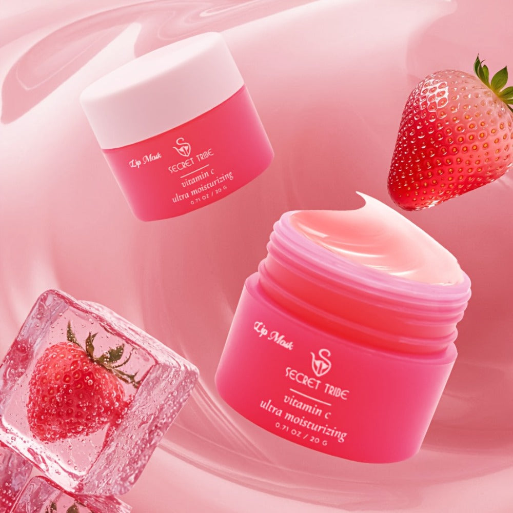 Lip Care Set 3pcs – Lip Mask, Lip Scrub Balm & Lip Brush Kit with Natural Ingredients for Deep Hydration, Exfoliation & Lip Color Enhancement, Strawberry & Peach Scent Gift for Women