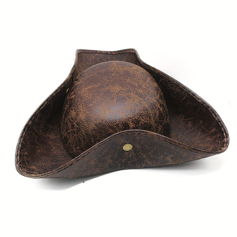Pirate Tricorn Hat Faux Leather Wide Brim – Vintage Distressed Pirate Hat for Men Women, Halloween Costume, Cosplay, Renaissance Fair & Themed Party Accessory, Black & Brown
