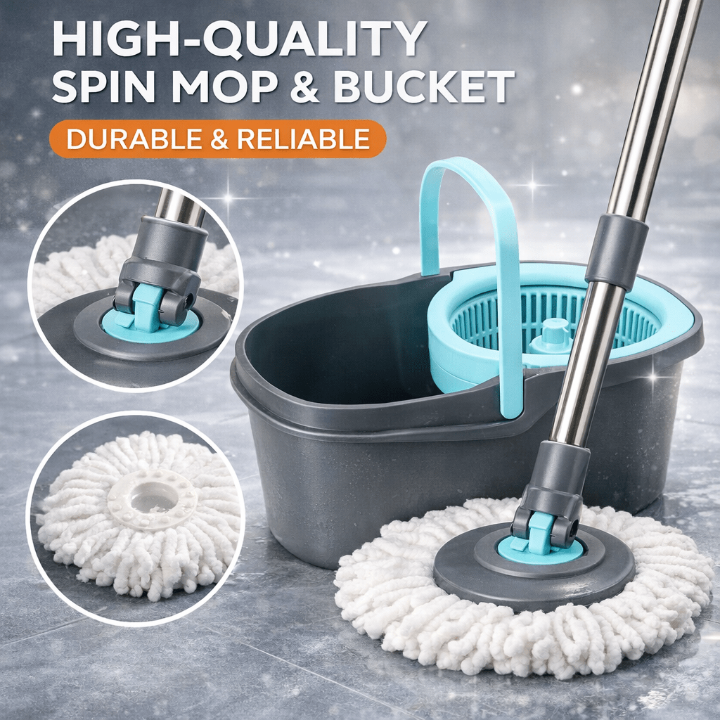 360 Spin Mop and Bucket Set with Wringer - Stainless Steel Extended Handle Spinning Mop Bucket System with Microfiber Mop Refills for Hardwood, Tile & Laminate Floor Cleaning, Black Blue Pink Red
