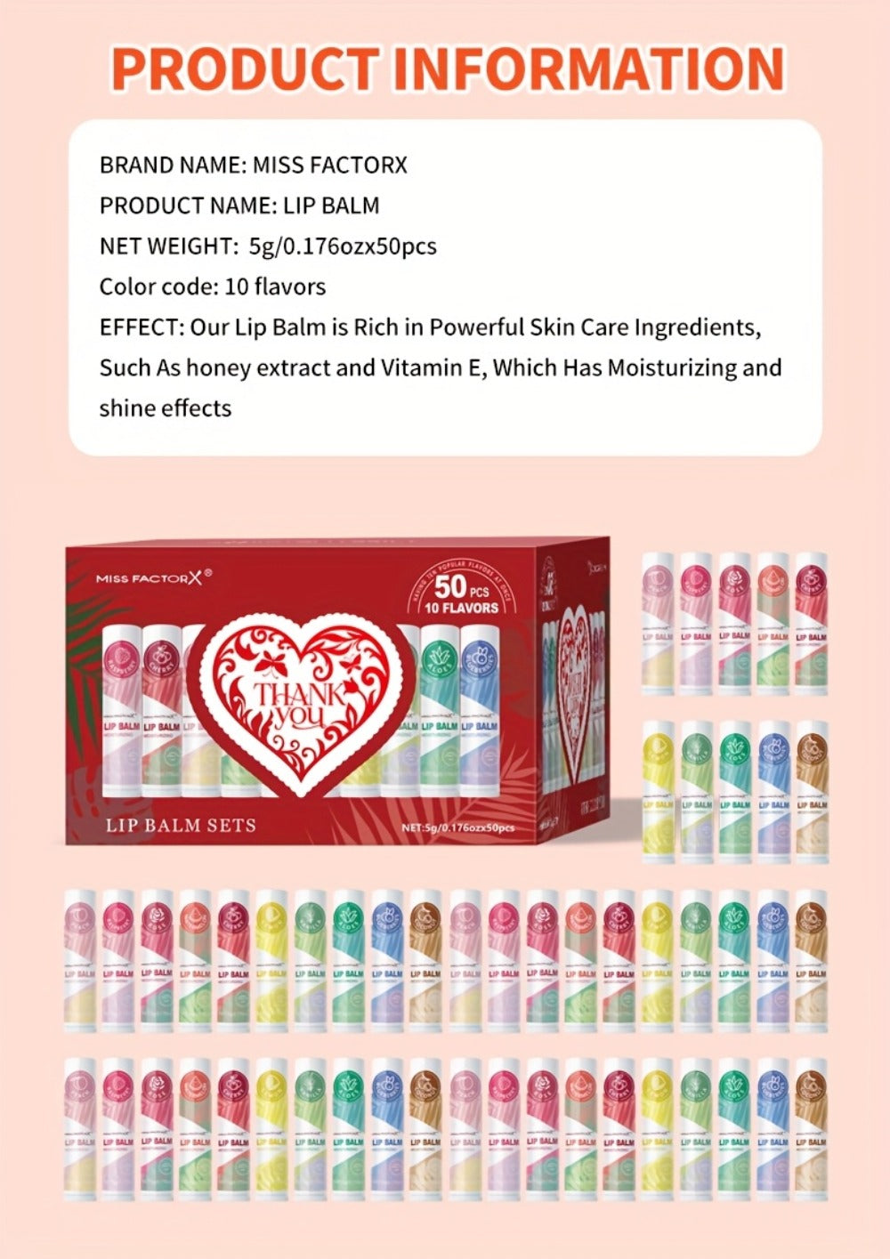 Fruit Flavored Lip Gloss Set 50 Pieces – Moisturizing Lip Balm Kit in 10 Colors, Hydrating Lip Care for Dry & Cracked Lips, Day & Night Use, Holiday Gift Set for Women & Girls