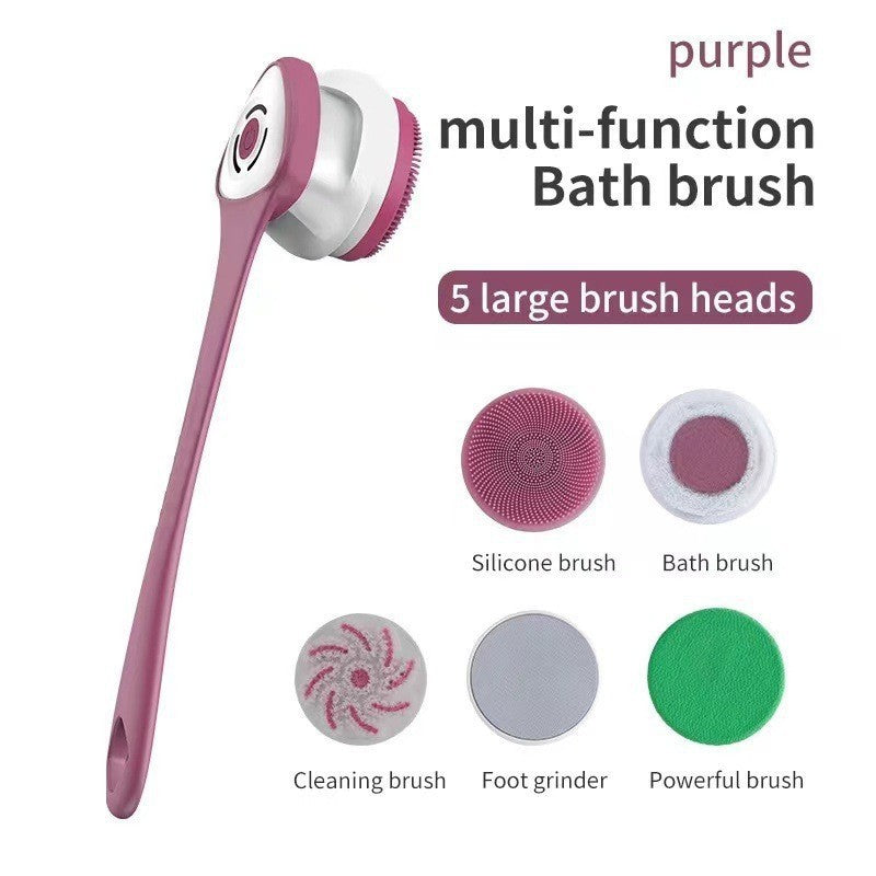 Electric Body Scrubber Brush 5-in-1 Rotating Shower Exfoliator with Long Handle - Soft Bristle Waterproof Bath Brush for Back Face & Full Body, Home Spa Skin Care Tool for Women & Men