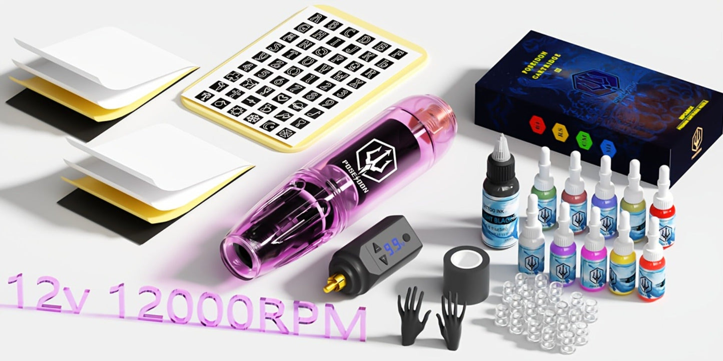POSEIDON TK039 Tattoo Pen Kit Wireless Rotary Machine with LED Display Coreless Motor 20 Cartridge Needles 10 Inks Practice Skin & Complete Tattoo Supplies for Beginners & Professional Artists