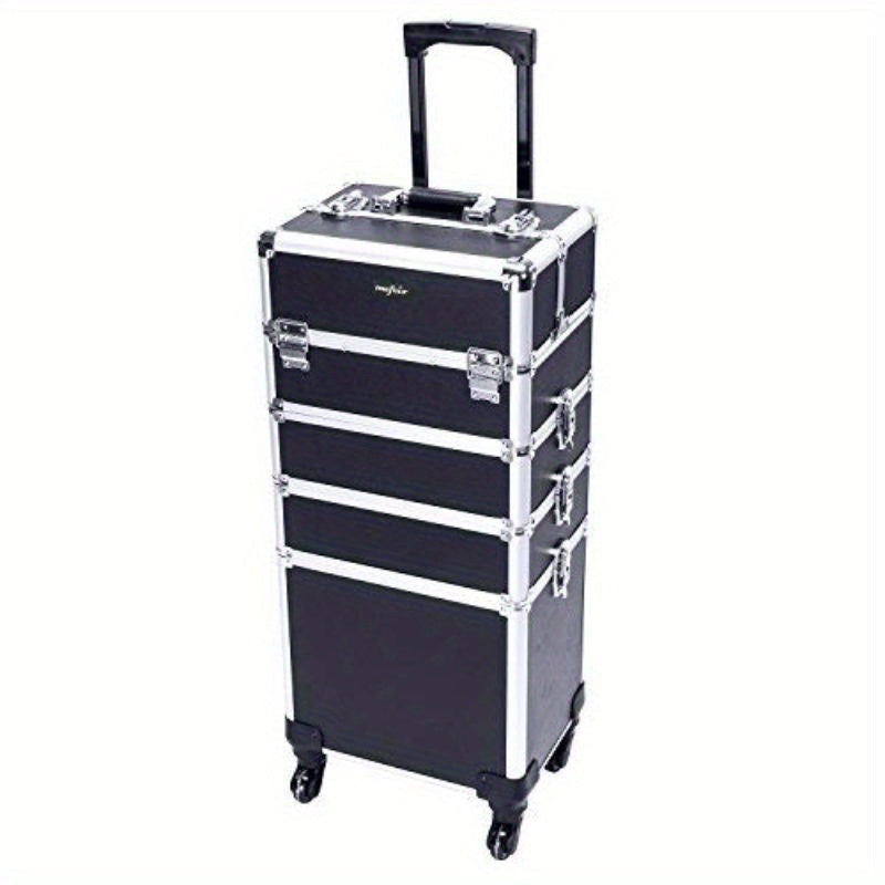 Makeup Train Case Rolling 4-in-1 Aluminum Lockable Trolley with 4 Removable Wheels Collapsible Trays DIY Compartments Telescopic Rod Cosmetic Organizer for Makeup Artists Salon Travel Black Pink Rhinestone