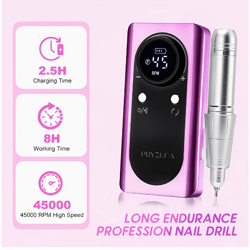 Nail Drill 45000 RPM LCD Display Adjustable Speed Cordless Electric Nail File Low Noise Manicure Machine Buffing Polishing Tool Set for Salon Home Women Nail Techs Pink White Purple