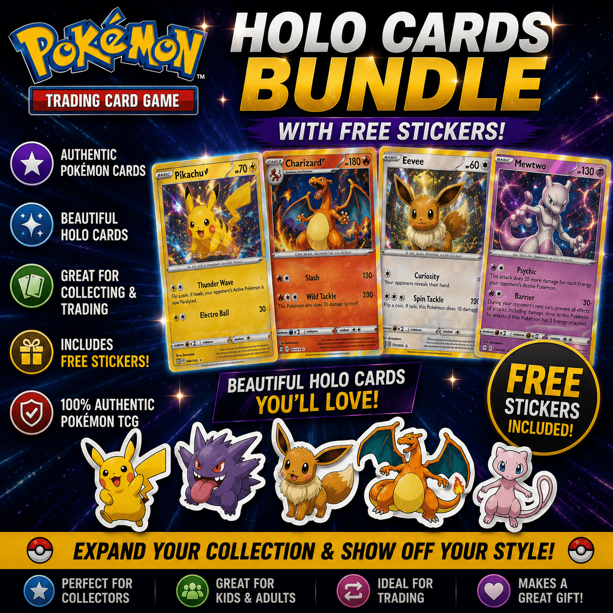 Pokemon Holo Cards Bundle 25 Cards | Authentic Holographic & Reverse Holo TCG Cards Assorted Sets | Free Stickers Included | Gift for Kids & Collectors