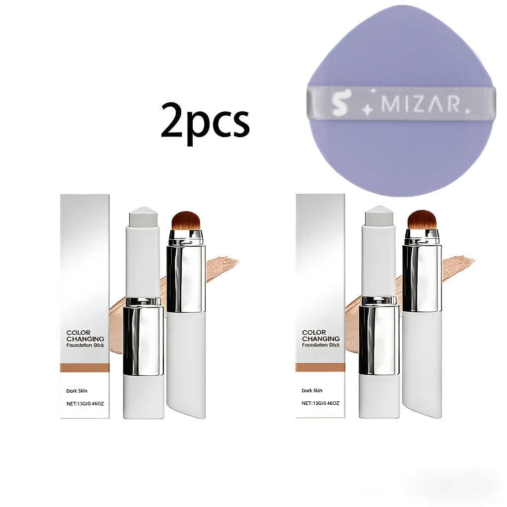 Skin Tone Adapting Color-Changing Foundation Stick 2-Piece with Built-In Brush & Puff — Lightweight Matte Finish Sheer to Buildable Coverage Everyday Makeup for Women Ivory White Natural & Dark Skin