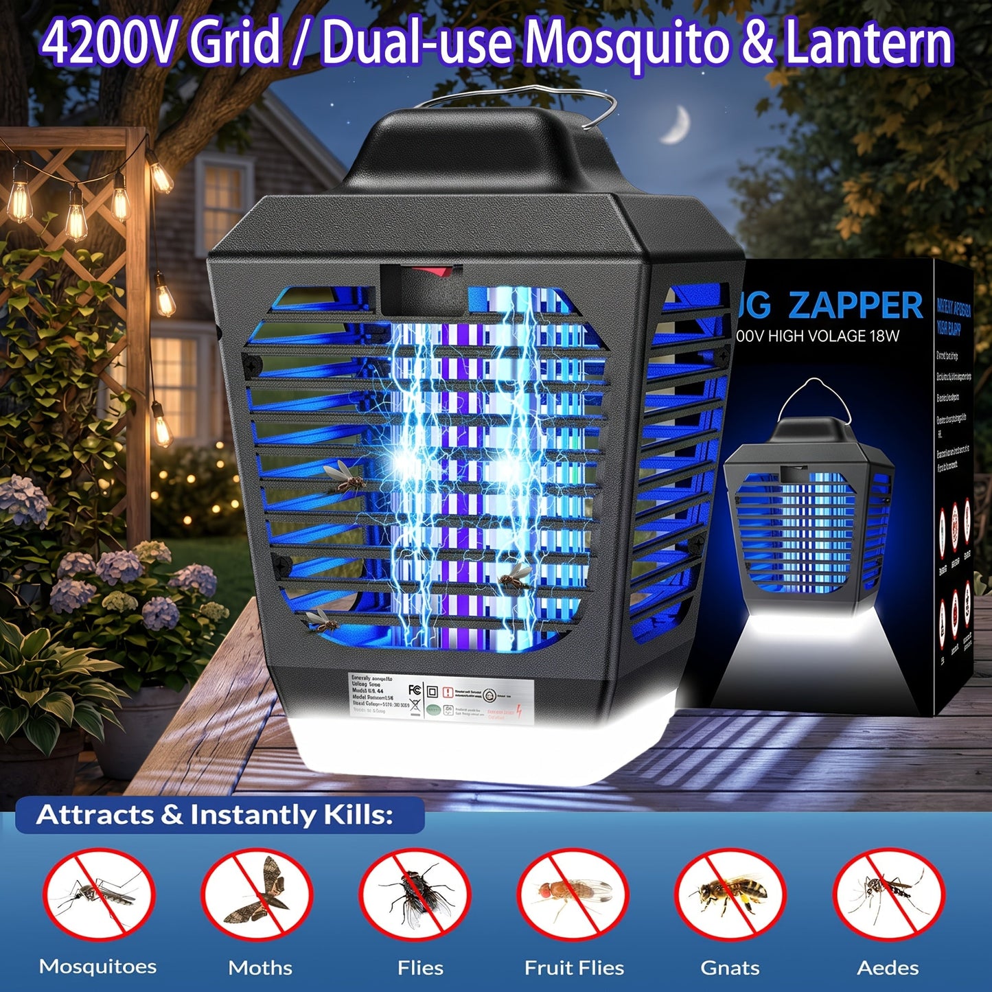 IPX4 Waterproof Bug Zapper Plug-In – Electric Flying Insect Trap with LED Light & ABS Housing, Indoor Mosquito Zapper for Home, Bedroom, Kitchen & Patio, Safe Chemical-Free Fly Trap – Black