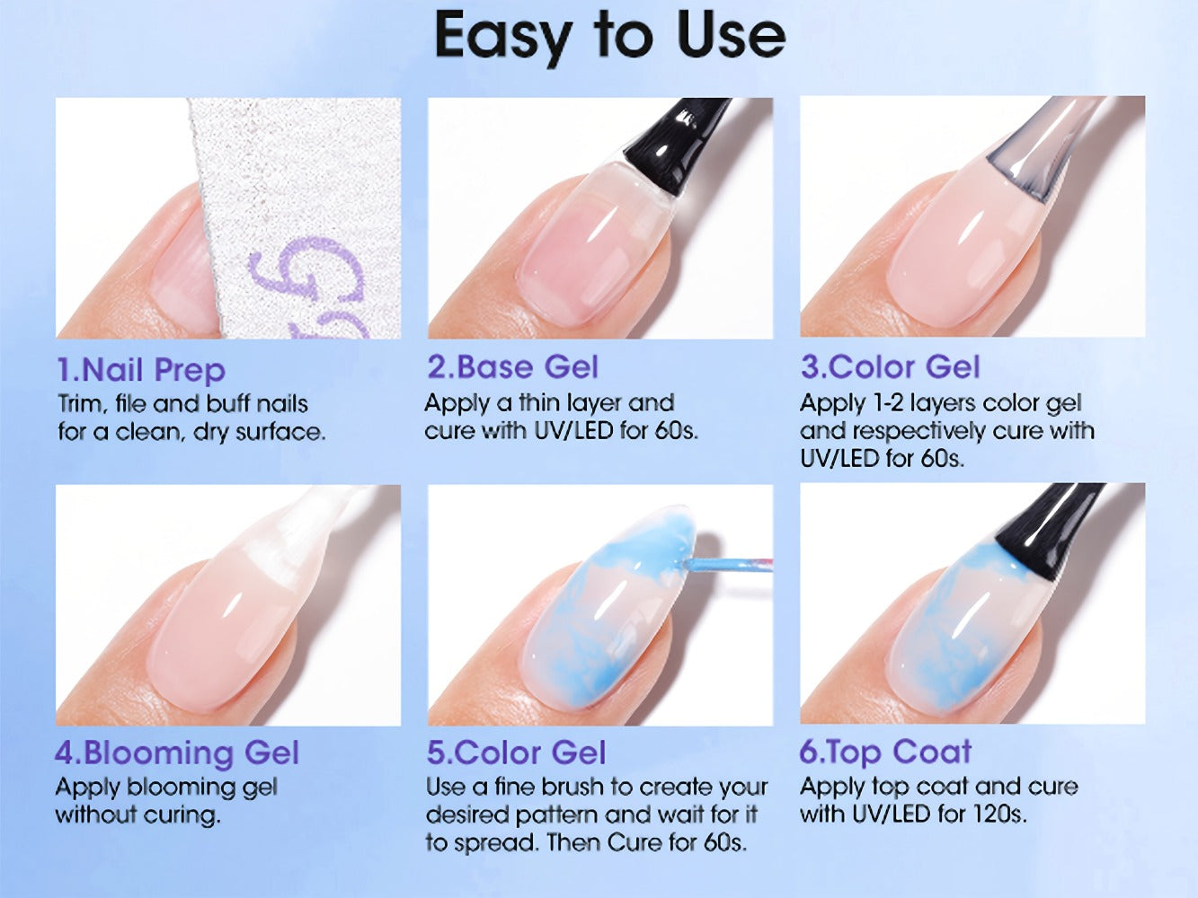 Blooming Gel Nail Art 2pcs HEMA-Free Clear Blossom Gel — Marble Watercolor Floral Tie-Dye Spreading Effect Soak-Off LED 28-Day DIY Manicure 0.68oz Each
