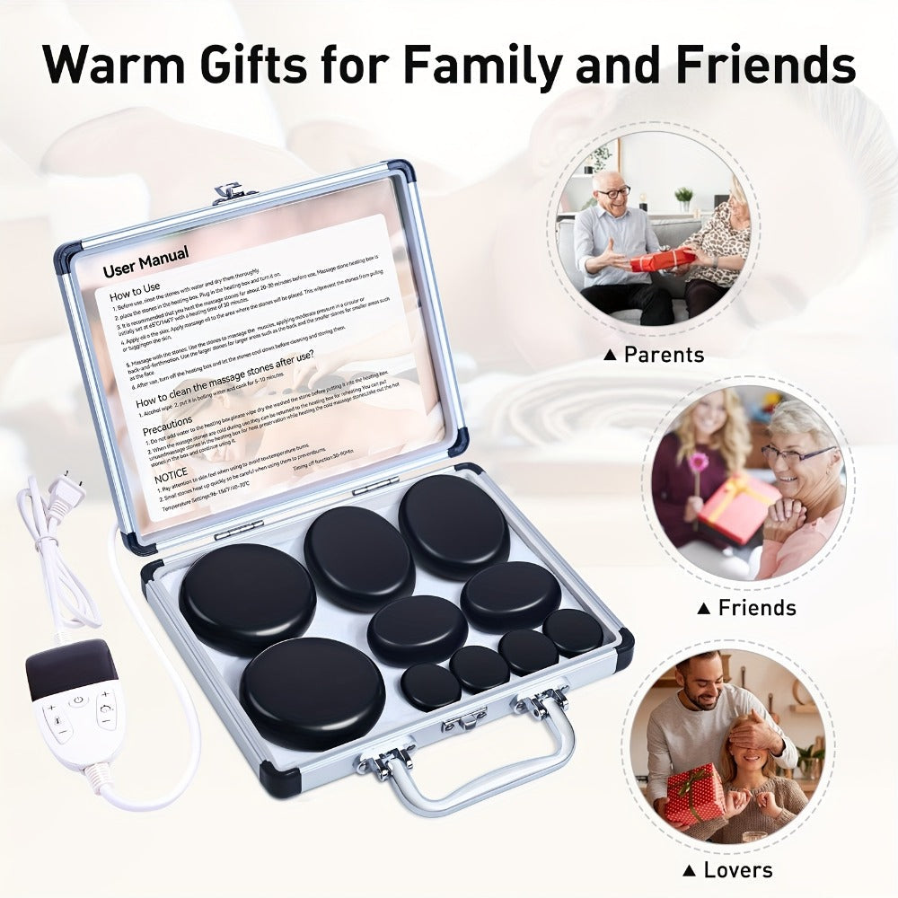 Basalt Hot Stone Massage Kit 10 Pcs with Heater Temperature Control Professional Spa Stones Set for Full Body Back Neck Legs Muscle Relief Therapy at Home or Salon