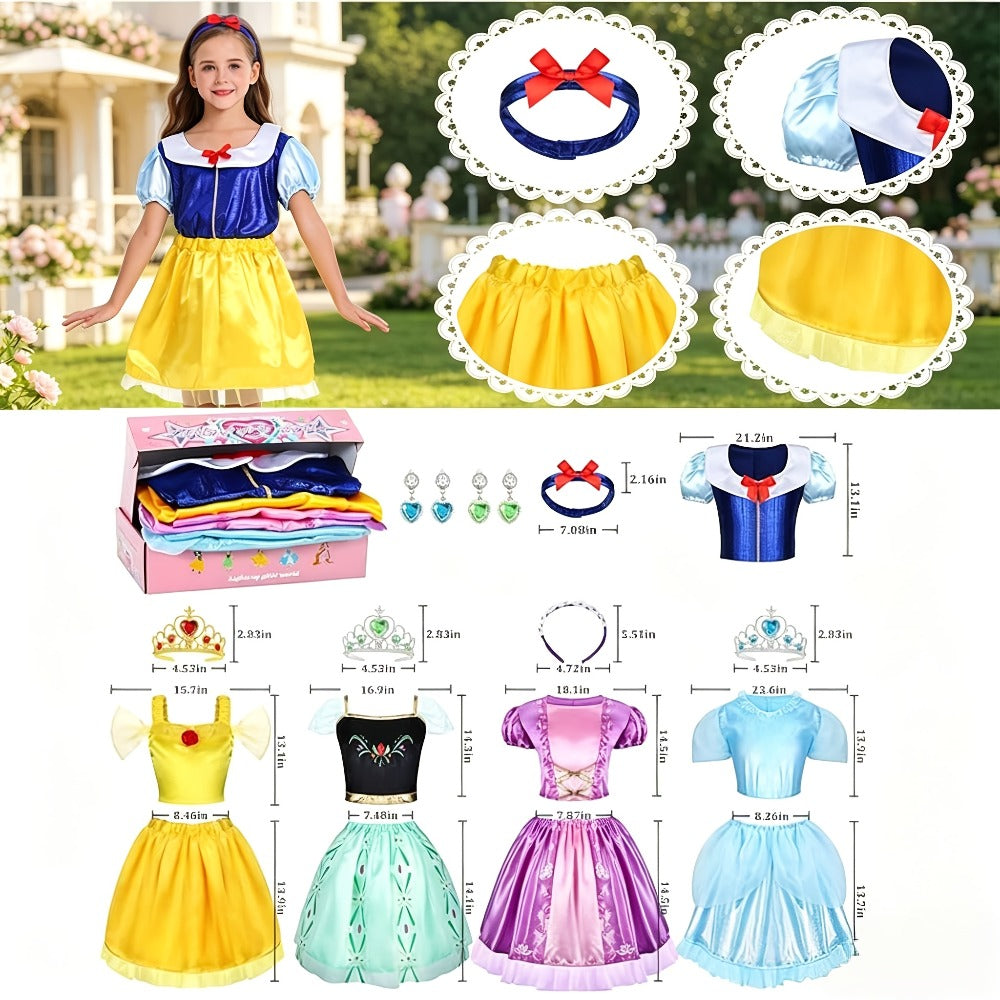 Girls Princess Dress Up Costume Set 14pcs – 5 Role Play Outfits with Crowns, Earrings & Storage Box, Toddler Princess Costumes for Girls Ages 3-6, Birthday Gift