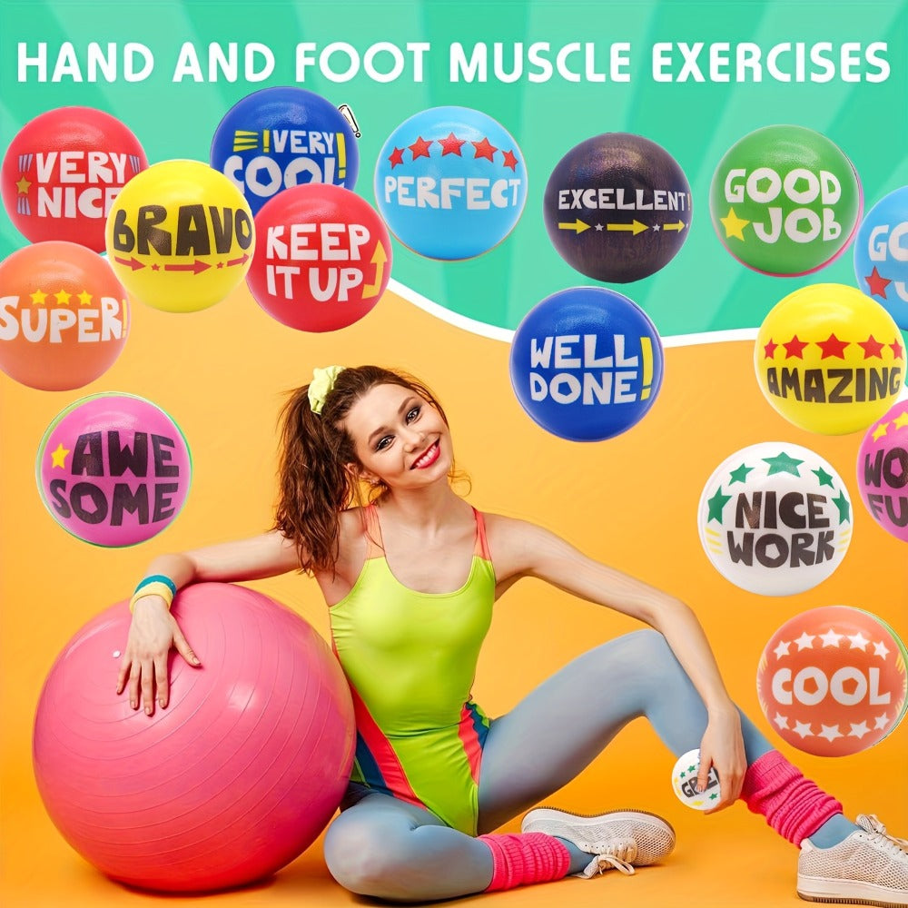 Motivational Squeeze Stress Balls 24 Pack Multicolor – Soft 2.48" Squishy Balls with Positive Affirmation Slogans for Classroom Prizes, Office Stress Relief, Team Building Rewards & Party Favors