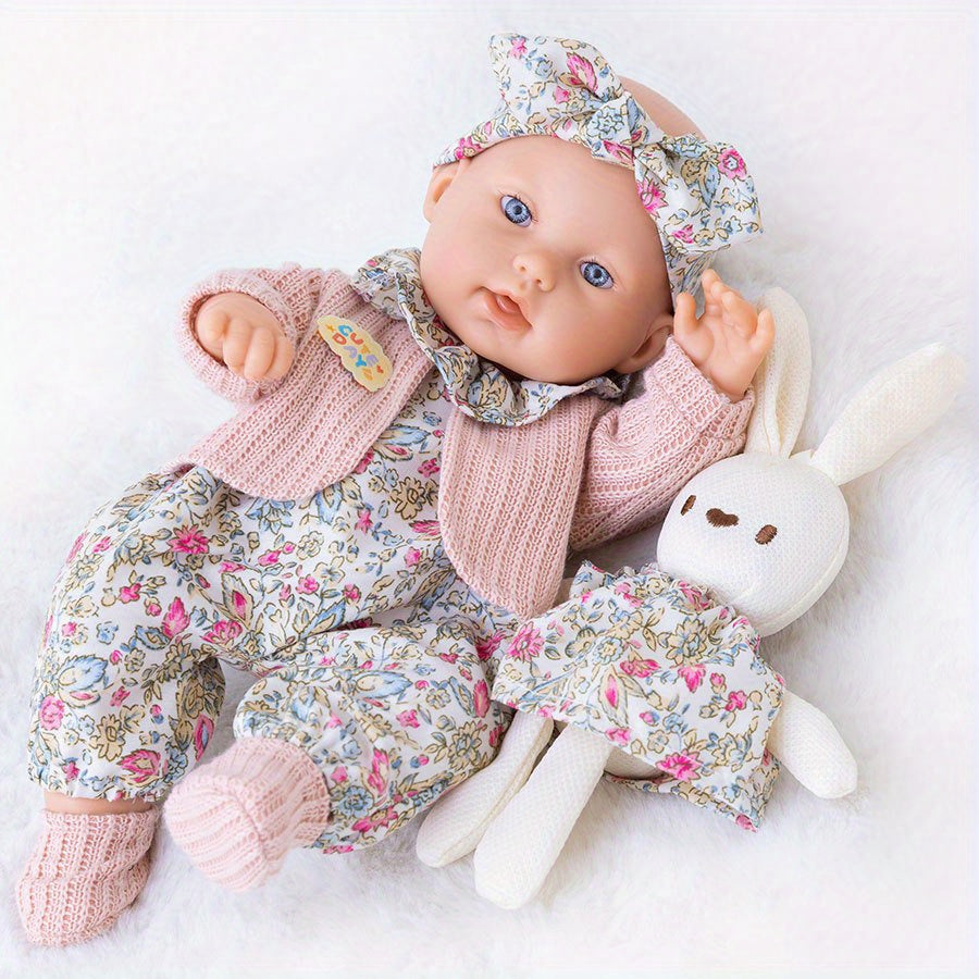 Floral Dress Baby Doll 12 Inch with Rabbit Plush Toy Gift Set – Realistic Vinyl Doll with Floral Outfit, Headscarf, Socks & Bunny Toy, Creative Dress-Up Playset for Girls Ages 3+, Birthday Holiday Gift