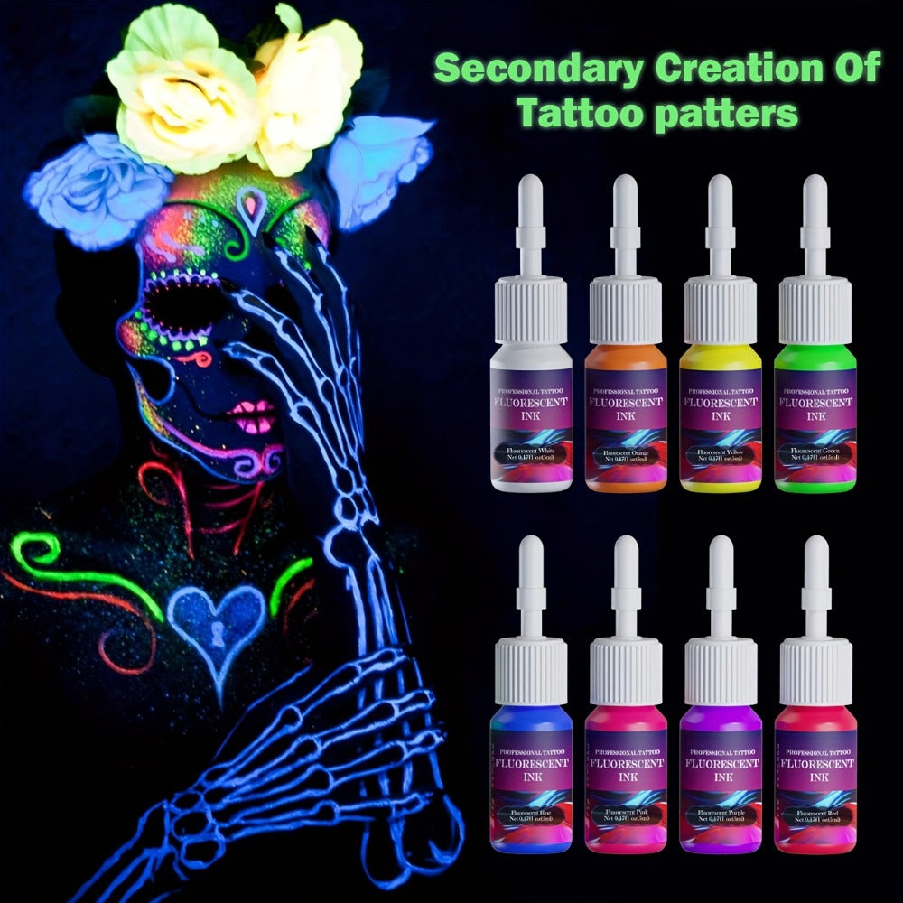 UV Blacklight Tattoo Ink Set 8 Colors Glow in the Dark Fluorescent Reactive Body Paint Ink 5ml Each – White Red Orange Green Yellow Purple Blue Pink | DMTATTOO for Tattoo Artists & Body Painters