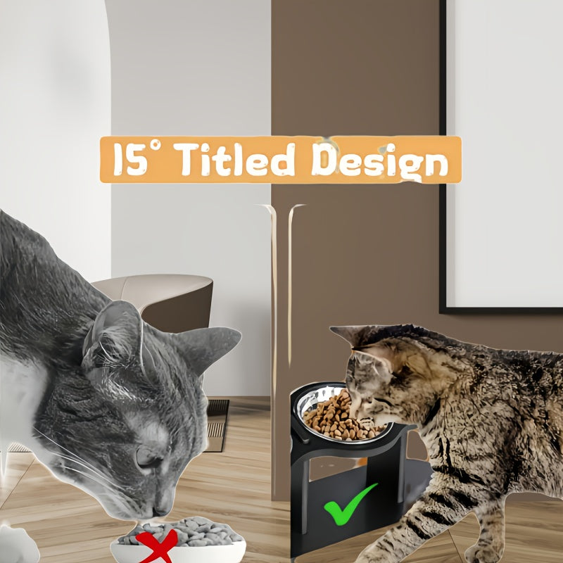 Elevated Cat Bowl – Adjustable Height Stainless Steel Raised Feeder with Anti-Spill Black Wooden Base, Indoor Food & Water Dish for Cats & Small Dogs