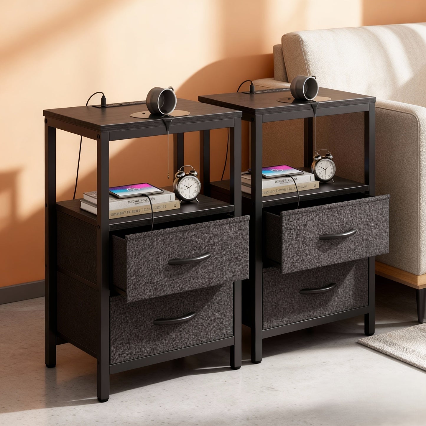 Nightstands shown in the Black, 2 Pcs with 2 Drawers option