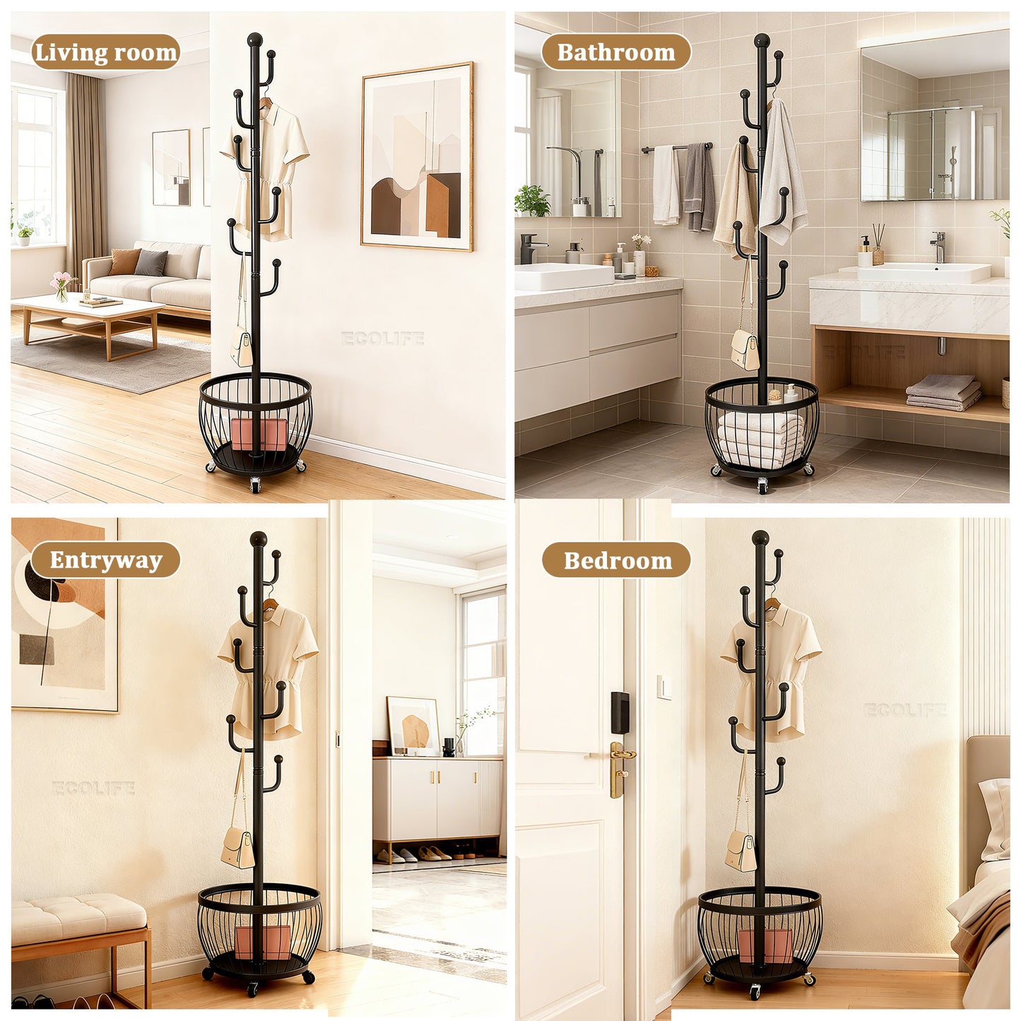 Freestanding Coat Rack with Locking Wheels for Organized Everyday Storage in Entryway detail image - detail view 22