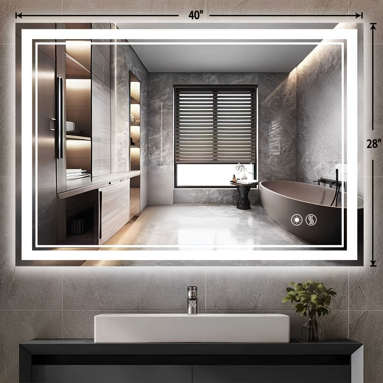LED Bathroom Mirror shown in the 28x40'' option