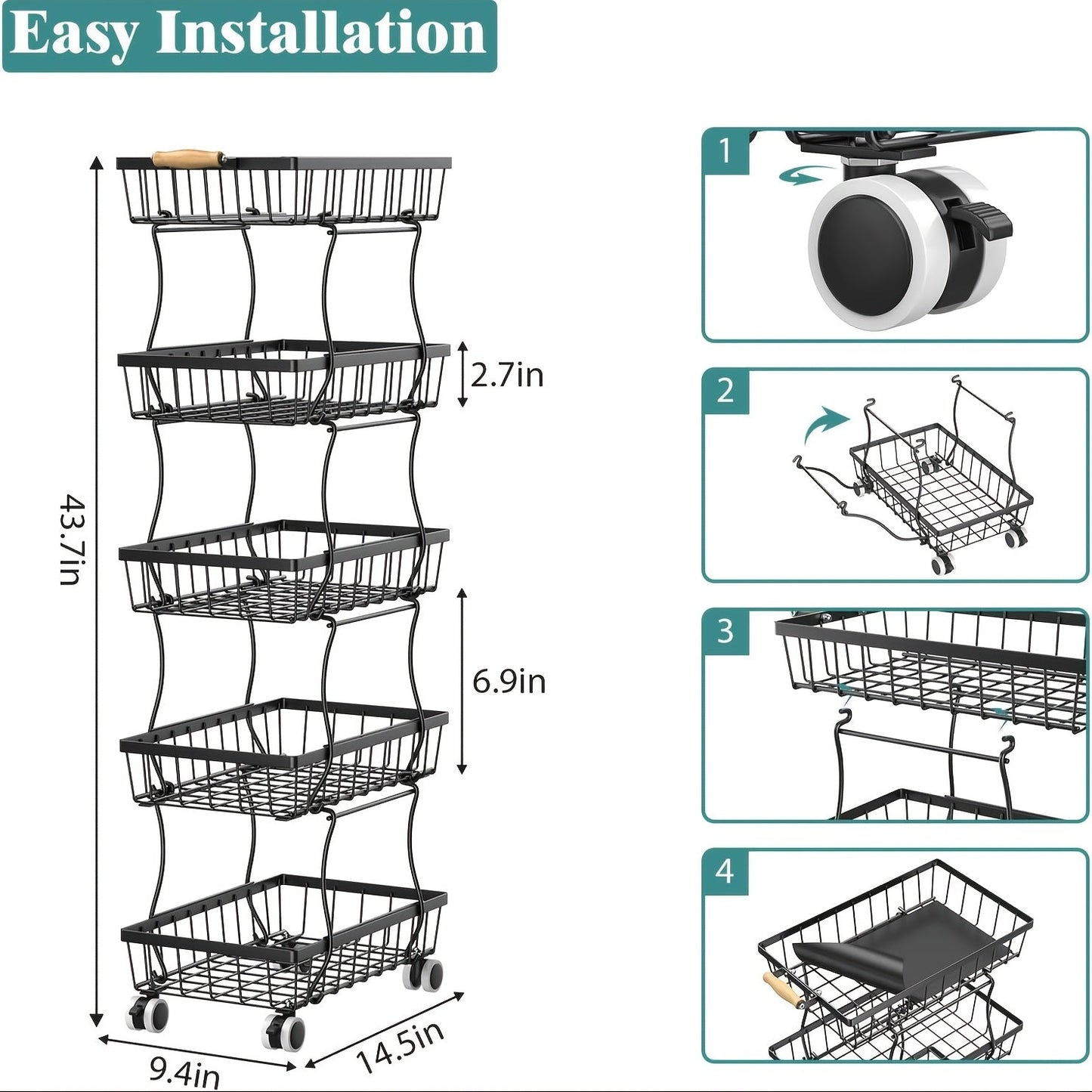 Storage Cart shown in the 5-layer floor-standing detachable fruit and vegetable basket option