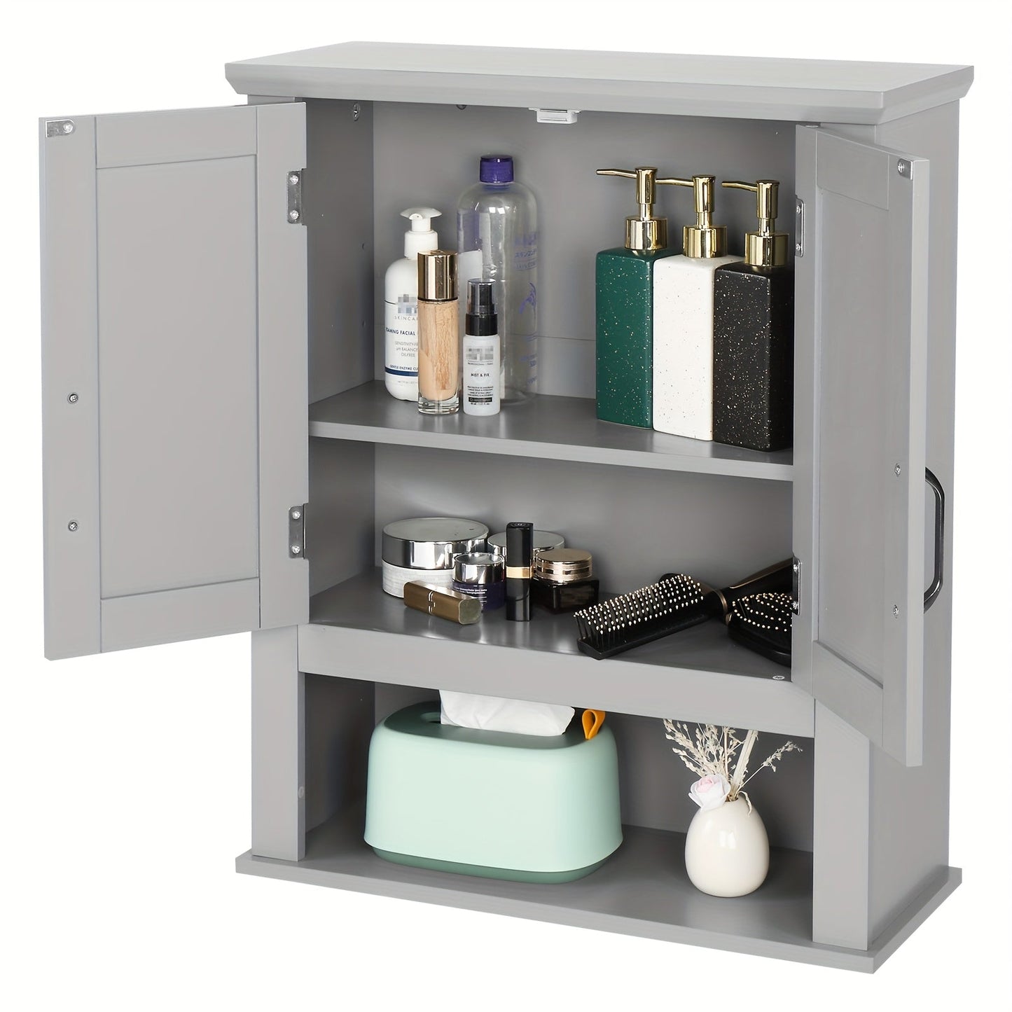 Over The Toilet Cabinet shown in the Gray, 8.5"D x 21"W x 25.2"H option
