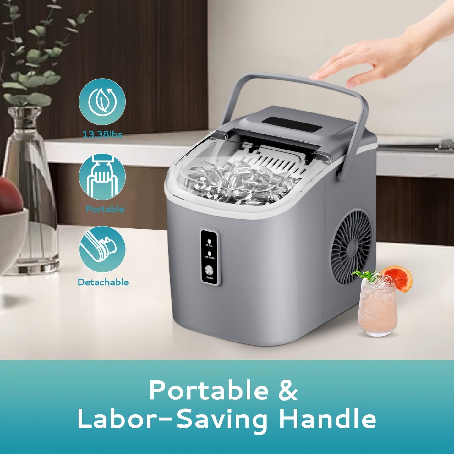 Portable Ice Maker Countertop – Bullet Ice Machine 26-29 Lbs Daily, 9 Ice Cubes in 6 Mins, Self-Cleaning, Quiet Under 45dB, with Handle, Basket & Scoop, for Home, Kitchen, Camping & RV