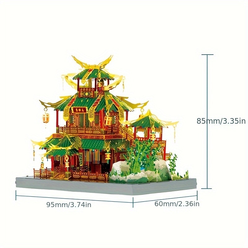Chinese Street View Metal Model Kit – MU 3D Puzzle Traditional Architecture, Tianloc Pavilion Chiya Chai Tea House Drunk Xiao Lou, Green & Gold DIY Assembly, Unique Birthday Christmas Gift