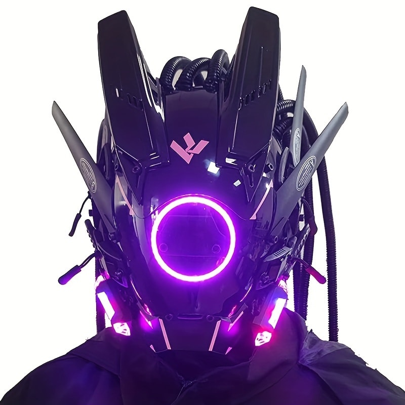 LED Punk Mask with Tubular Braids & Helmet – Futuristic Sci-Fi Mechanical Cosplay Mask for Halloween, Rave Music Festival & Party, Blue Green Pink, Handmade TPU PC Unisex Adult Costume Prop