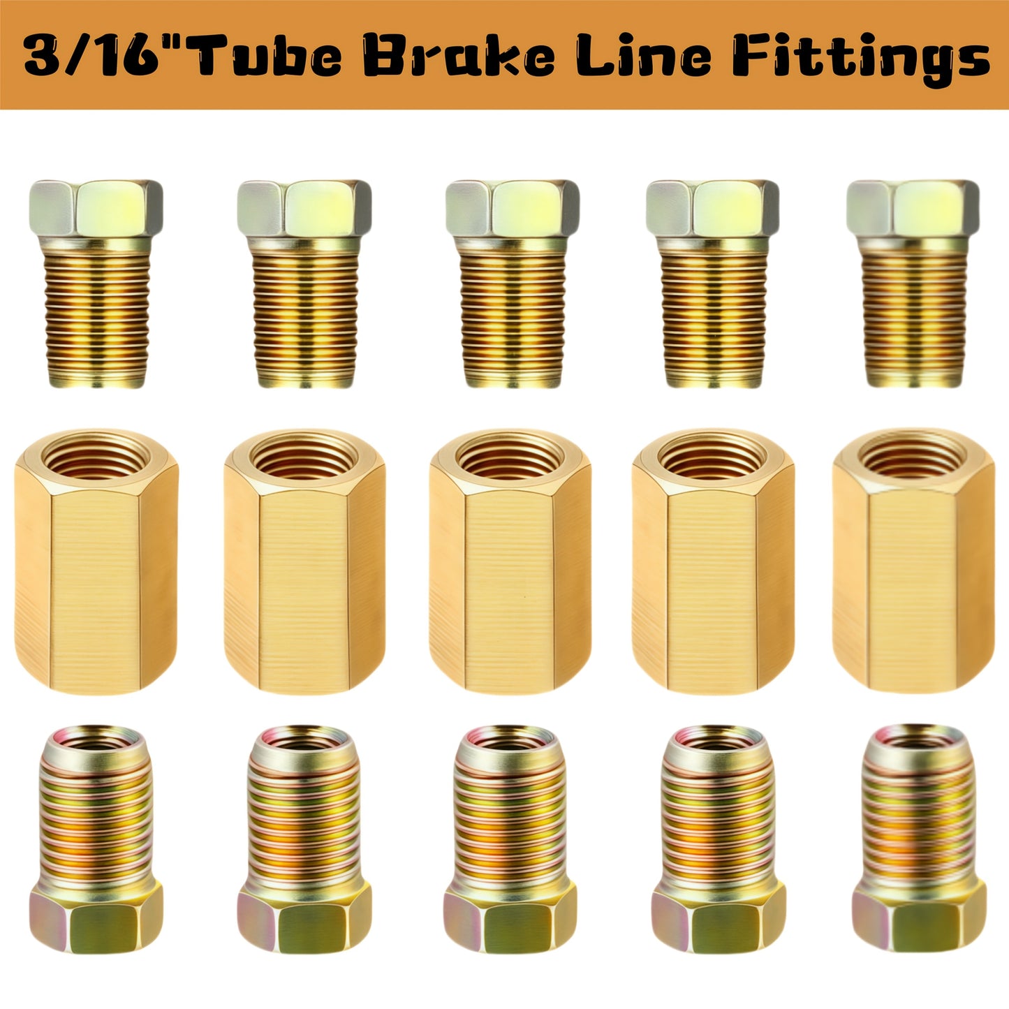 Brake Line Fittings Assortment Kit – 3/16", 1/4", 5/16" & 3/8" Tube Sizes, Inverted Flare Union Connectors, Multiple Thread Sizes, with Optional Hose Clamps for Automotive Brake Line Repair