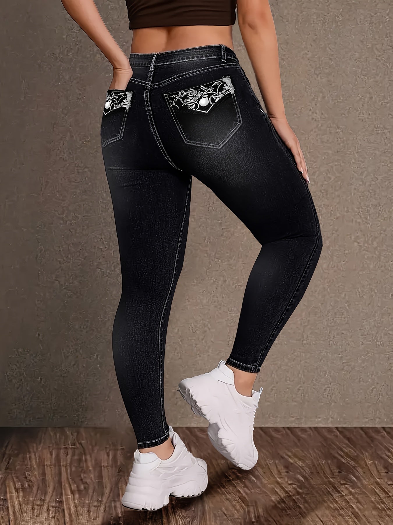 Women's High-Waist Skinny Jeans - Black Embroidered Stretch Travel detail image - detail view 7