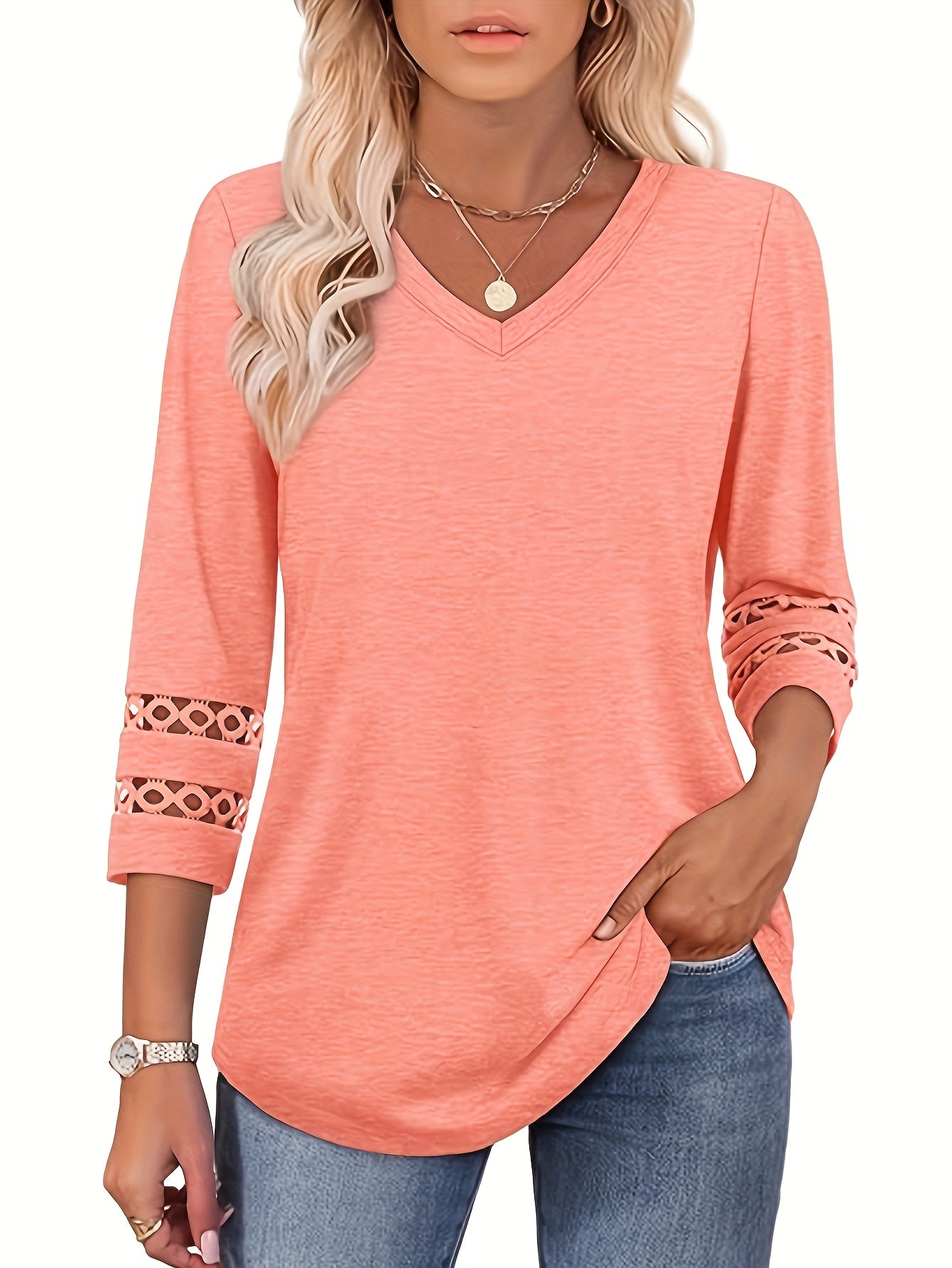 Women's Lace Detail T-Shirt - V-Neck Three-Quarter Sleeve detail image - detail view 7