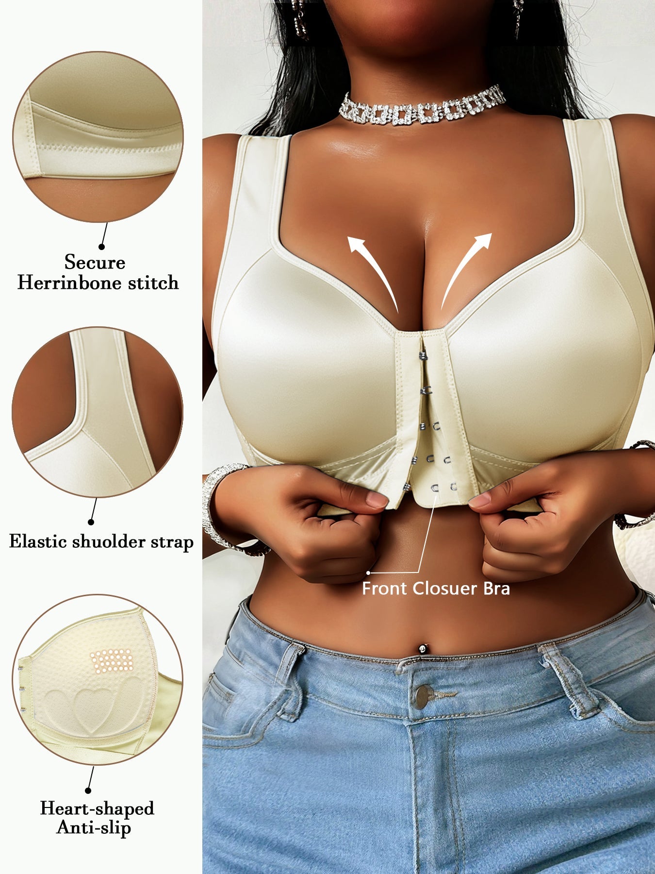 Women's Plus Size Glossy Front Closure Bra - Wireless Wide-Strap Shell Detail